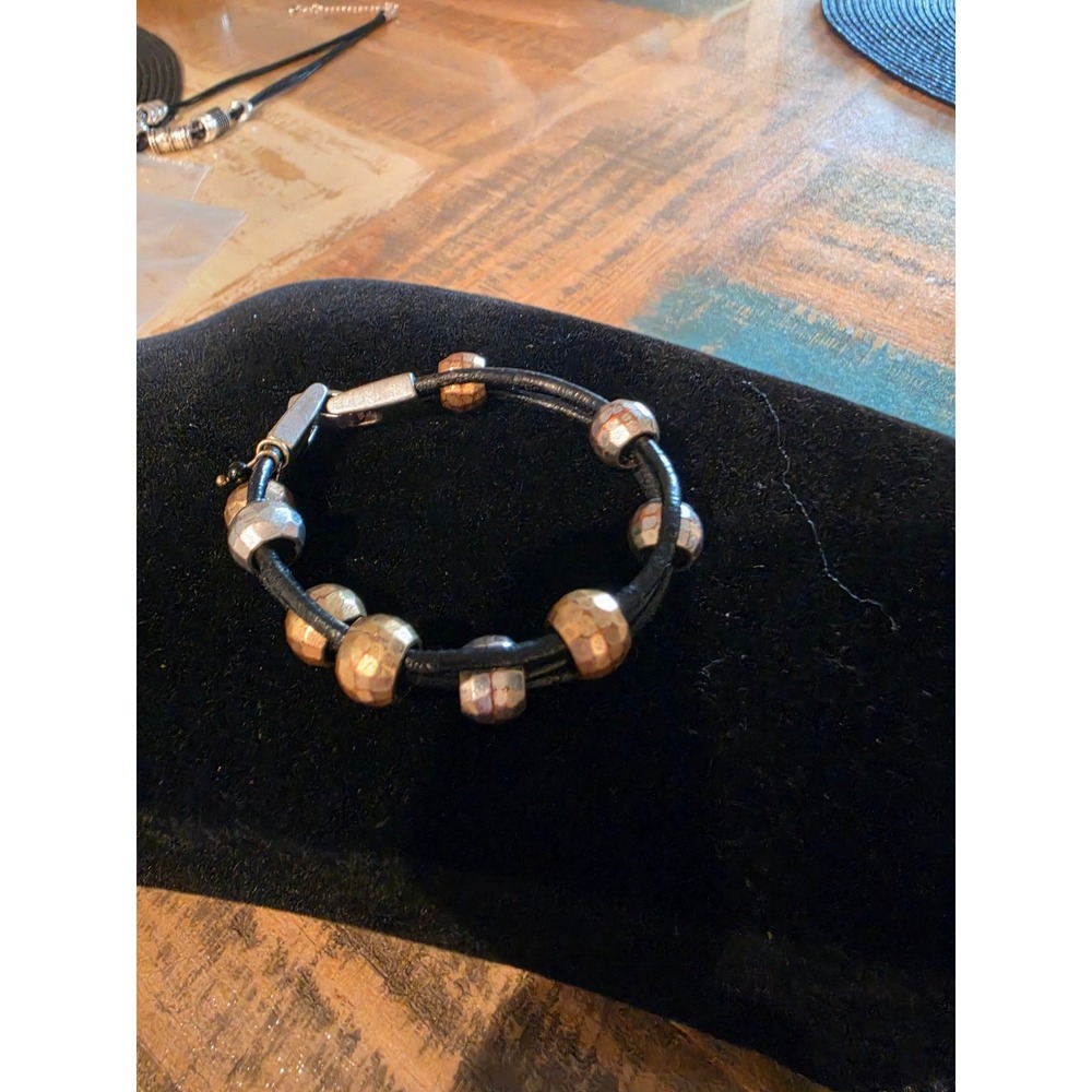 Lucky Brand‎ Mixed Metal Hammered Bead Black Leather Double Strand Bracelet